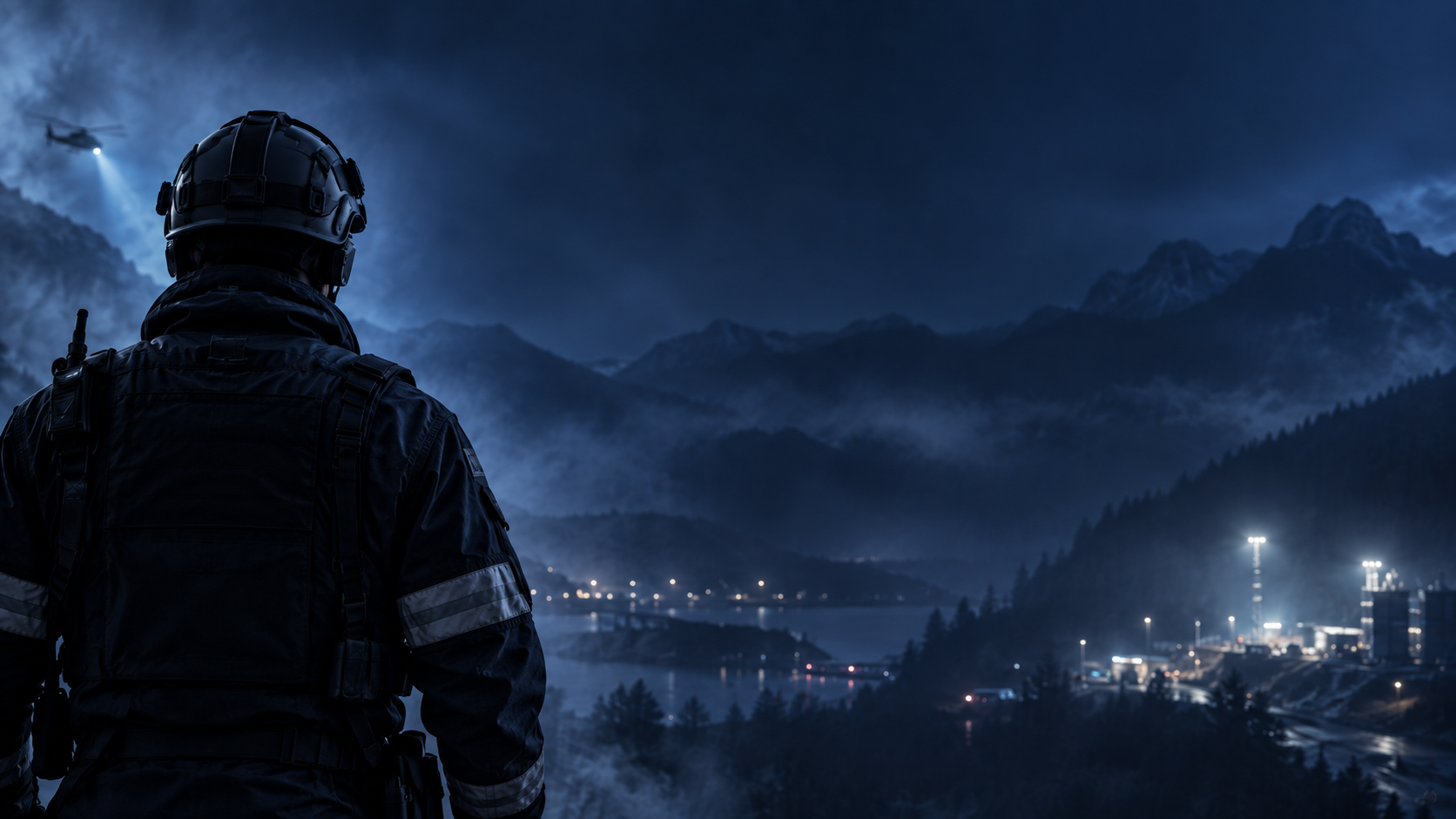 Emergency responder overlooking a mountain landscape