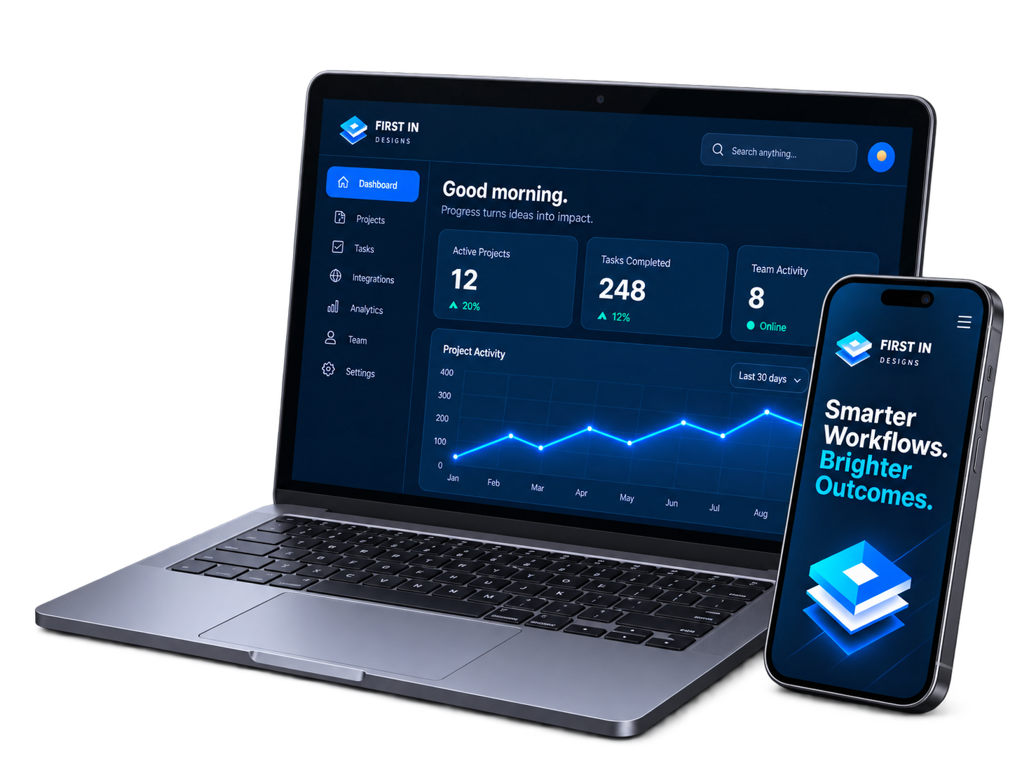 First In Designs software dashboard shown on a laptop and smartphone